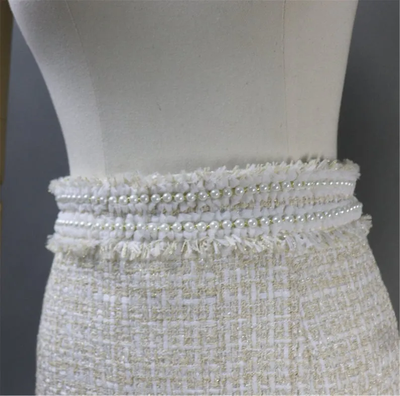 Women CUSTOM  Made Tweed Pearl Decoration Beige Mini/ Midi Skirt