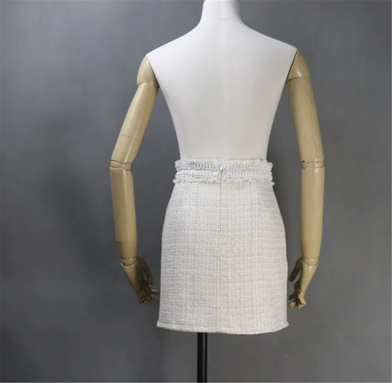 Women CUSTOM  Made Tweed Pearl Decoration Beige Mini/ Midi Skirt