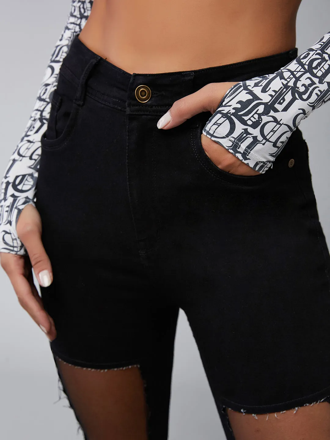 Women's Black Slim Fit High Rise Mild Distressed Ripped Net Detailing Denim Stretchable Jeans
