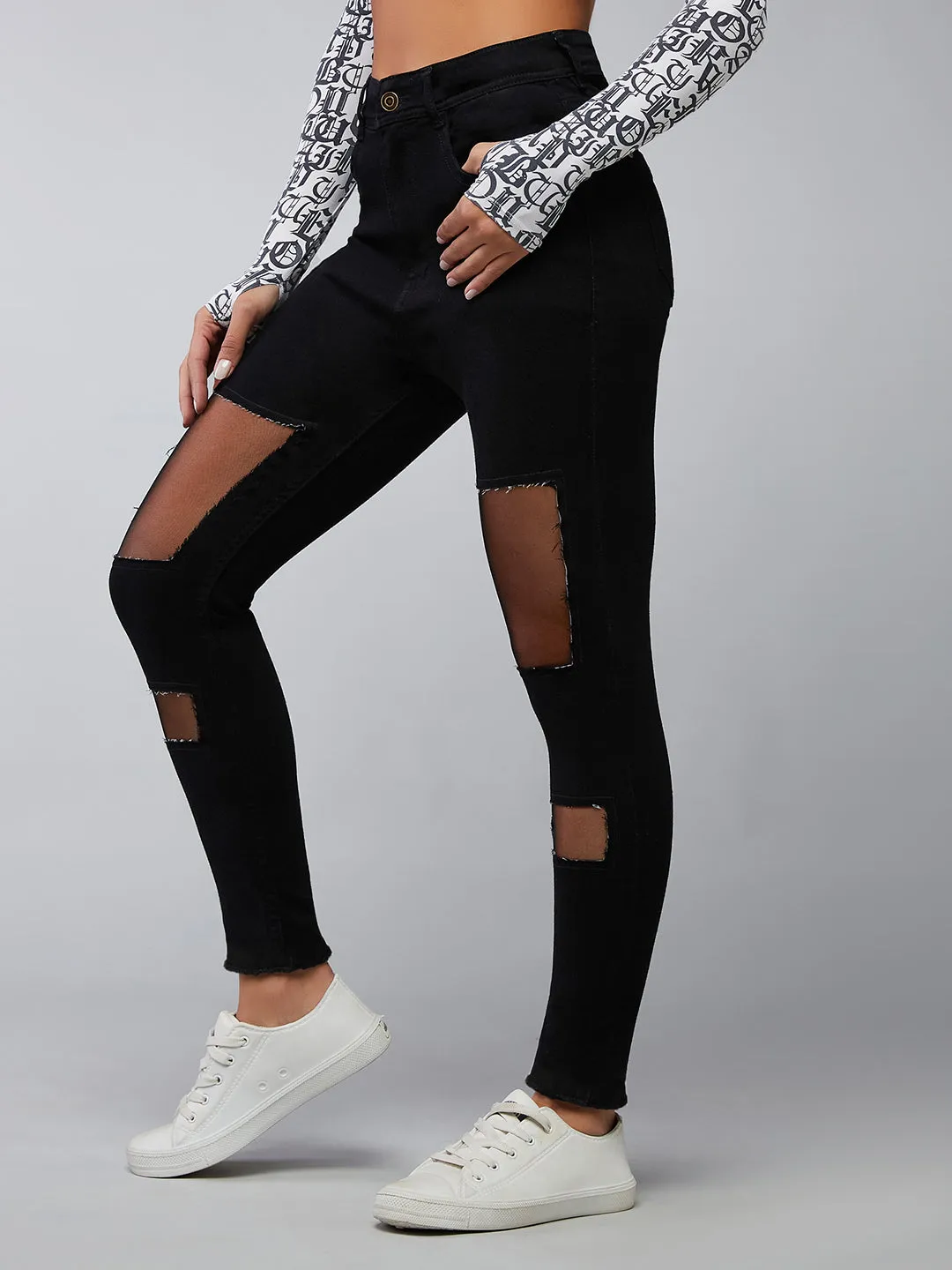 Women's Black Slim Fit High Rise Mild Distressed Ripped Net Detailing Denim Stretchable Jeans