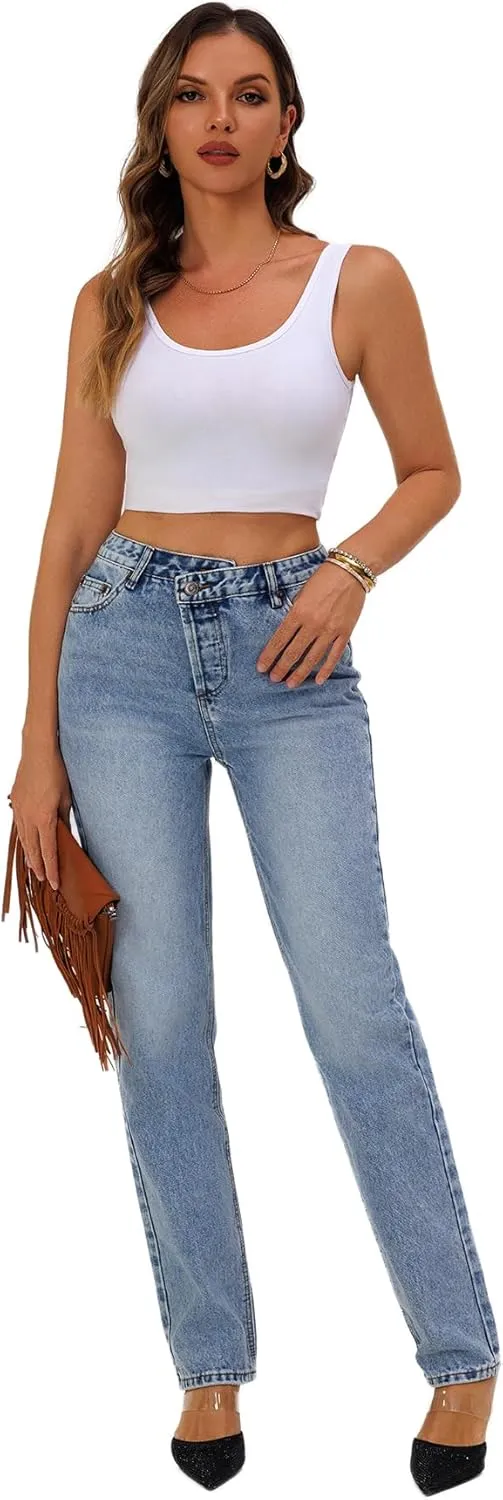 Womens Casual High Waisted Straight Leg Jeans Crossover Waistband Non-Stretch Denim
