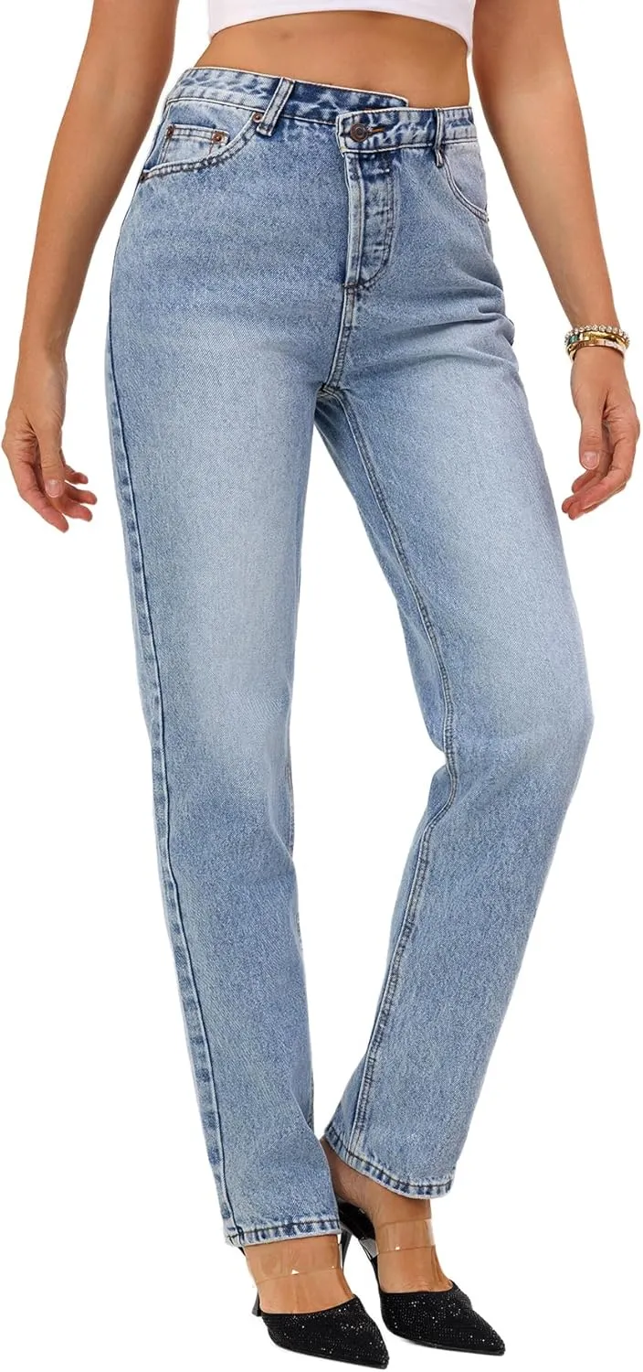 Womens Casual High Waisted Straight Leg Jeans Crossover Waistband Non-Stretch Denim