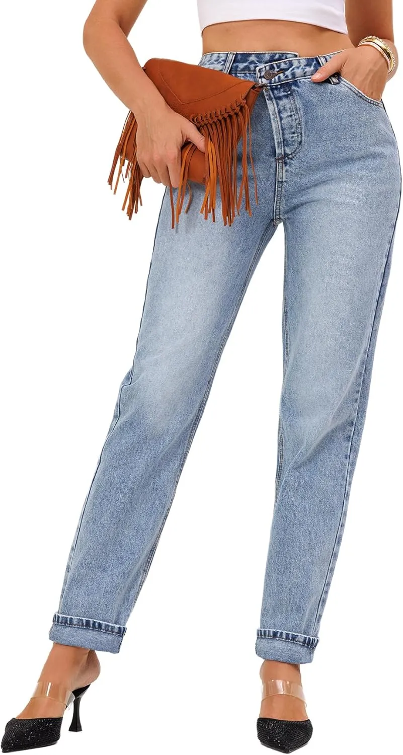 Womens Casual High Waisted Straight Leg Jeans Crossover Waistband Non-Stretch Denim