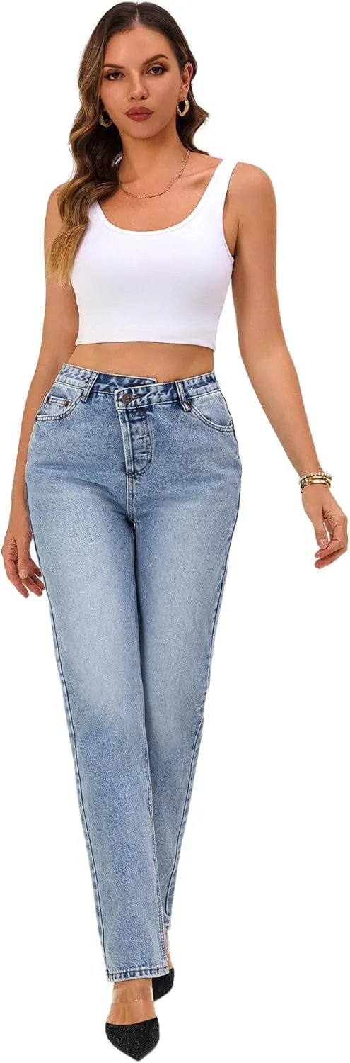 Womens Casual High Waisted Straight Leg Jeans Crossover Waistband Non-Stretch Denim
