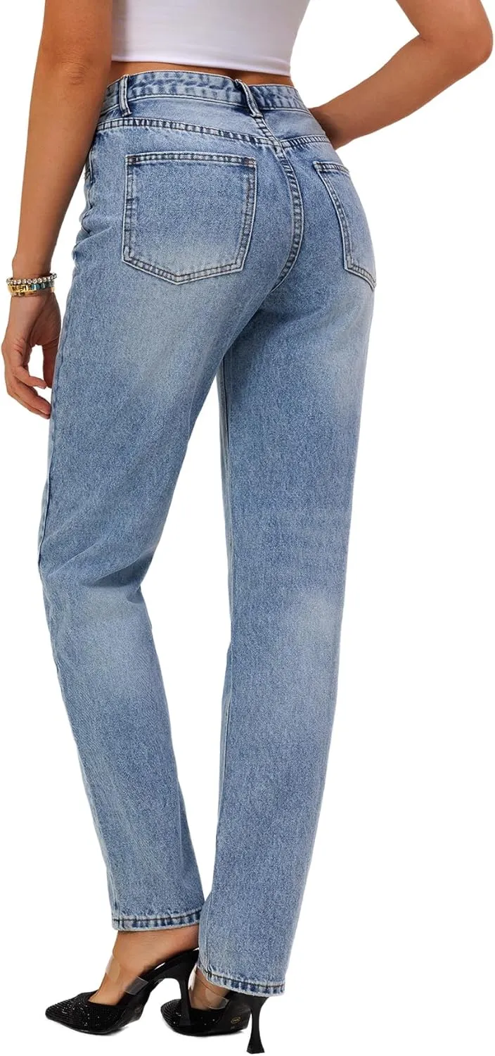 Womens Casual High Waisted Straight Leg Jeans Crossover Waistband Non-Stretch Denim