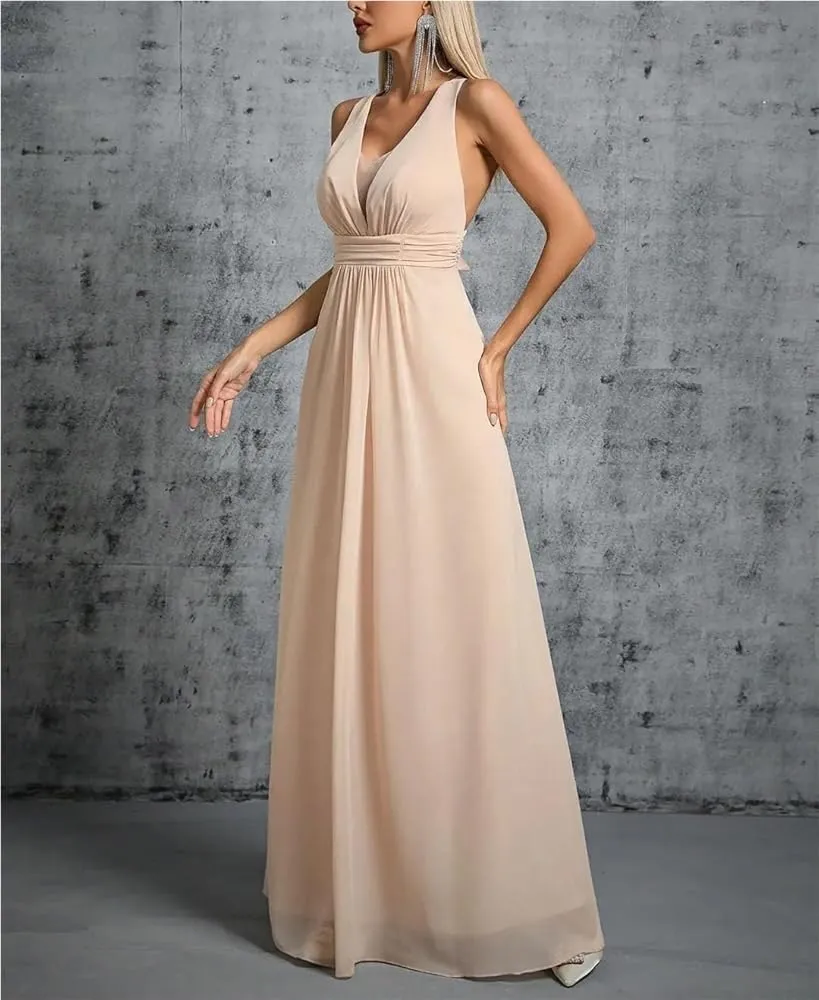 Women's Elegant Party Dress Pleated Chiffon Back Bow Tie Evening Gown Long Ball Dress