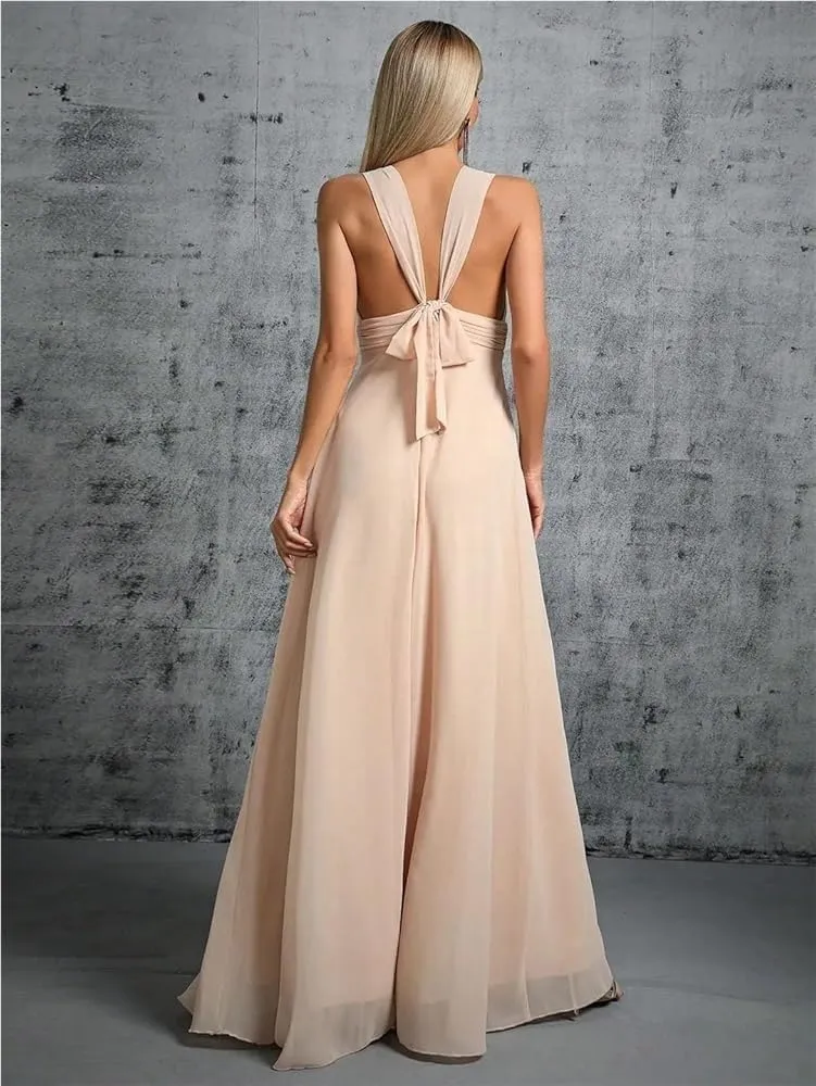 Women's Elegant Party Dress Pleated Chiffon Back Bow Tie Evening Gown Long Ball Dress