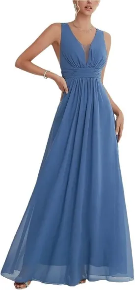 Women's Elegant Party Dress Pleated Chiffon Back Bow Tie Evening Gown Long Ball Dress