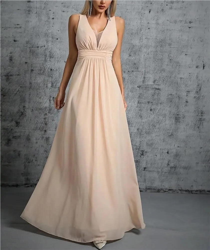 Women's Elegant Party Dress Pleated Chiffon Back Bow Tie Evening Gown Long Ball Dress