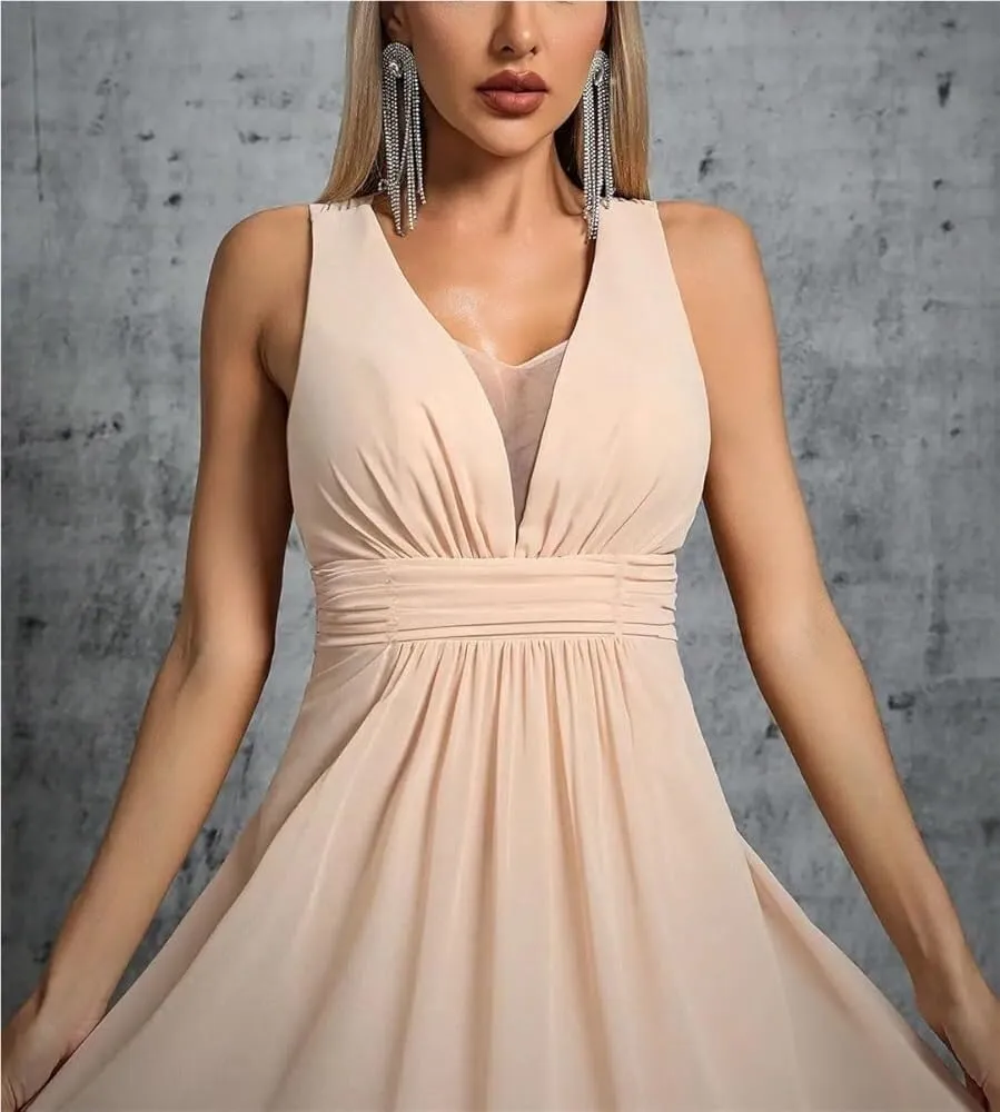 Women's Elegant Party Dress Pleated Chiffon Back Bow Tie Evening Gown Long Ball Dress