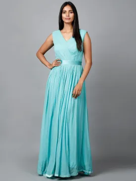 Women's Pleats Drape Georgette Party/ Evening Gown in Blue