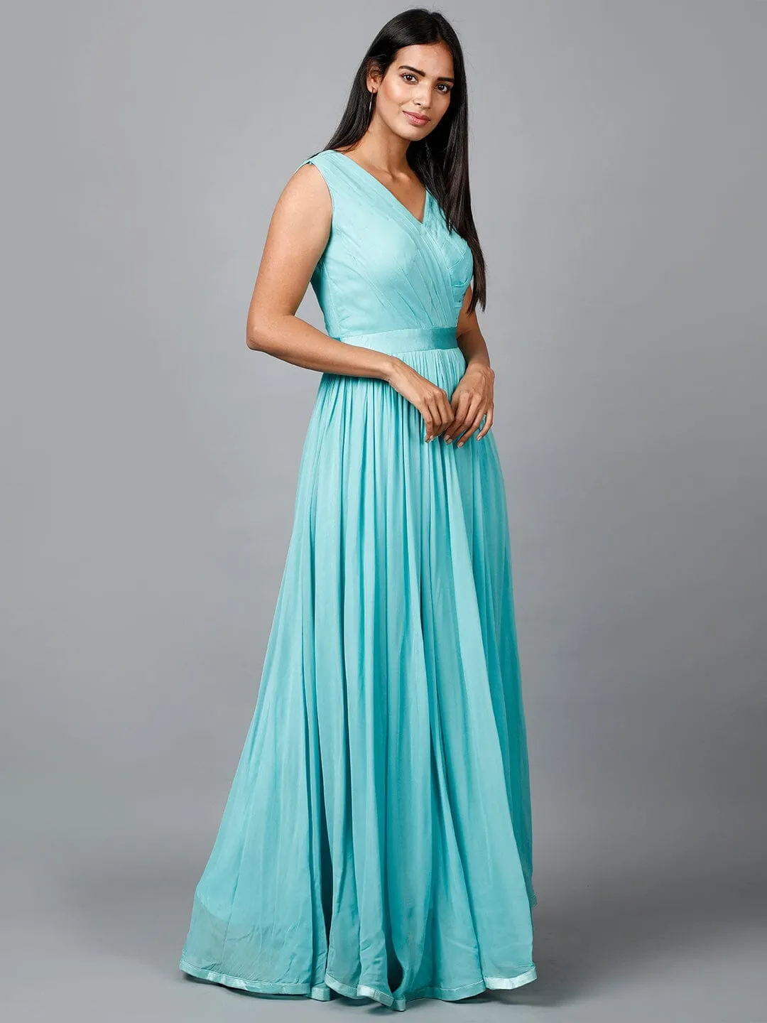 Women's Pleats Drape Georgette Party/ Evening Gown in Blue