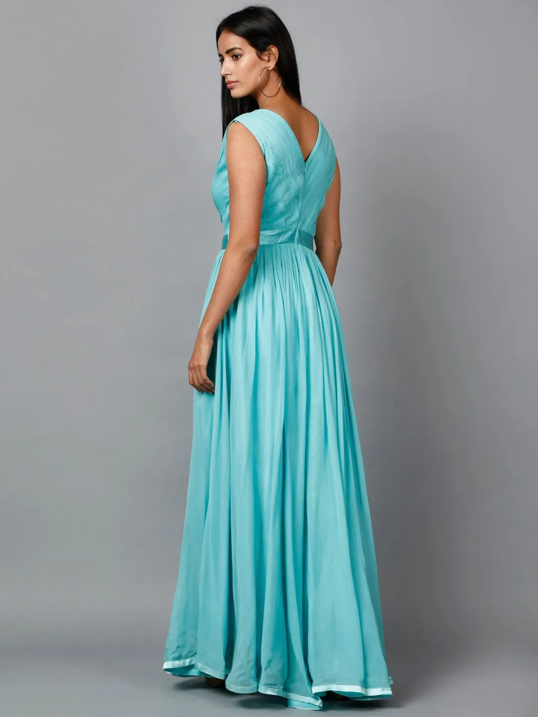 Women's Pleats Drape Georgette Party/ Evening Gown in Blue