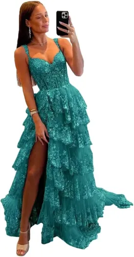 Womens Sparkly Tiered Lace Tulle Prom Dresses 2025 Long Spaghetti Straps Formal Evening Gown with Slit