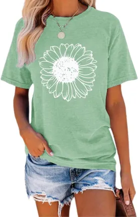 Womens T Shirts Short Sleeve Tees Sunflower Vacation Graphic Loose Summer Tops