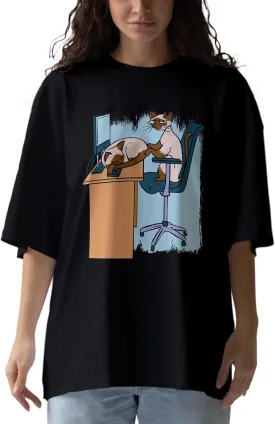 Working Cat Anime Oversized T-Shirts for Women, 100% Cotton T-Shirts, Perfect for Casual Wear & Gifting | WB.6.71